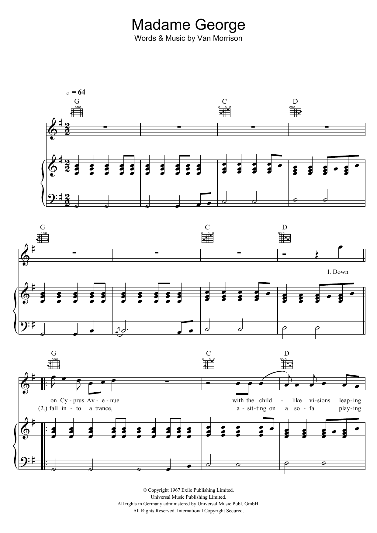 Van Morrison Madame George sheet music notes and chords arranged for Piano, Vocal & Guitar Chords