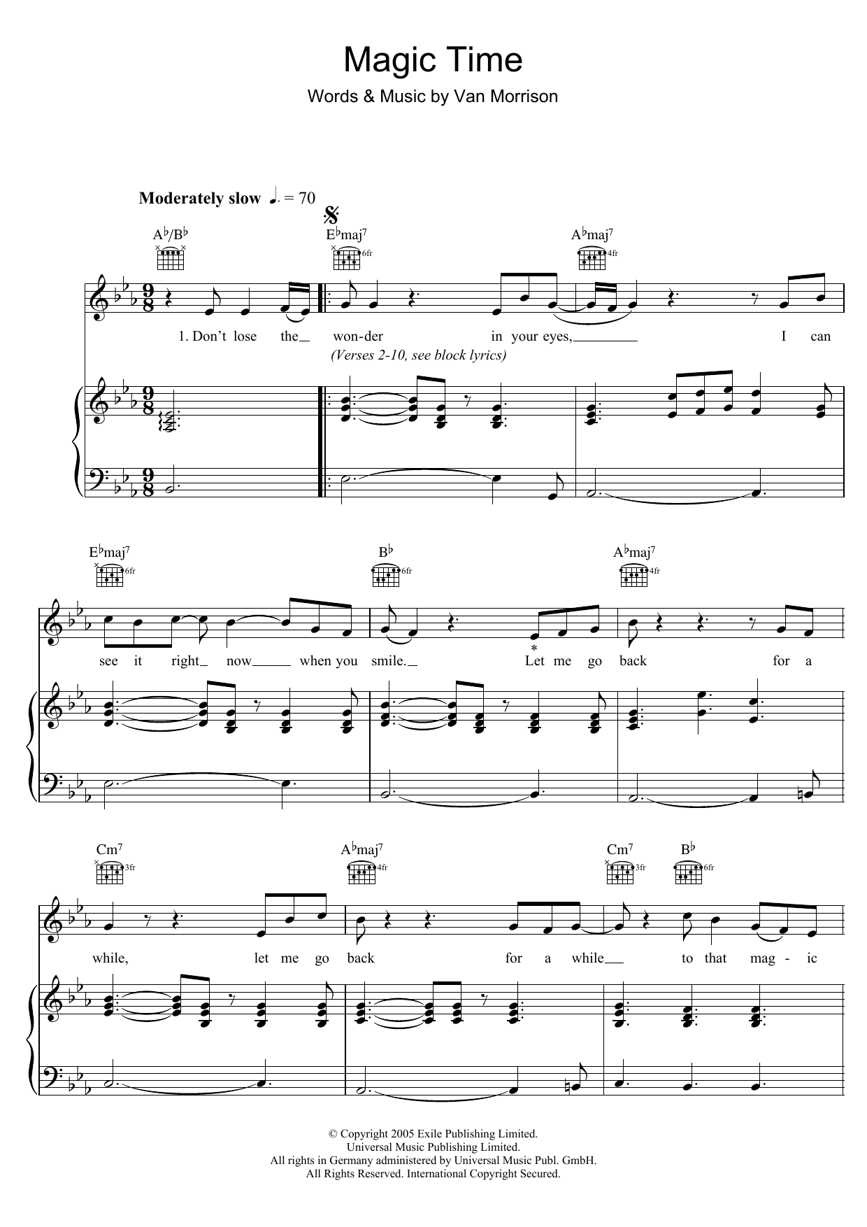 Van Morrison Magic Time sheet music notes and chords arranged for Piano, Vocal & Guitar Chords