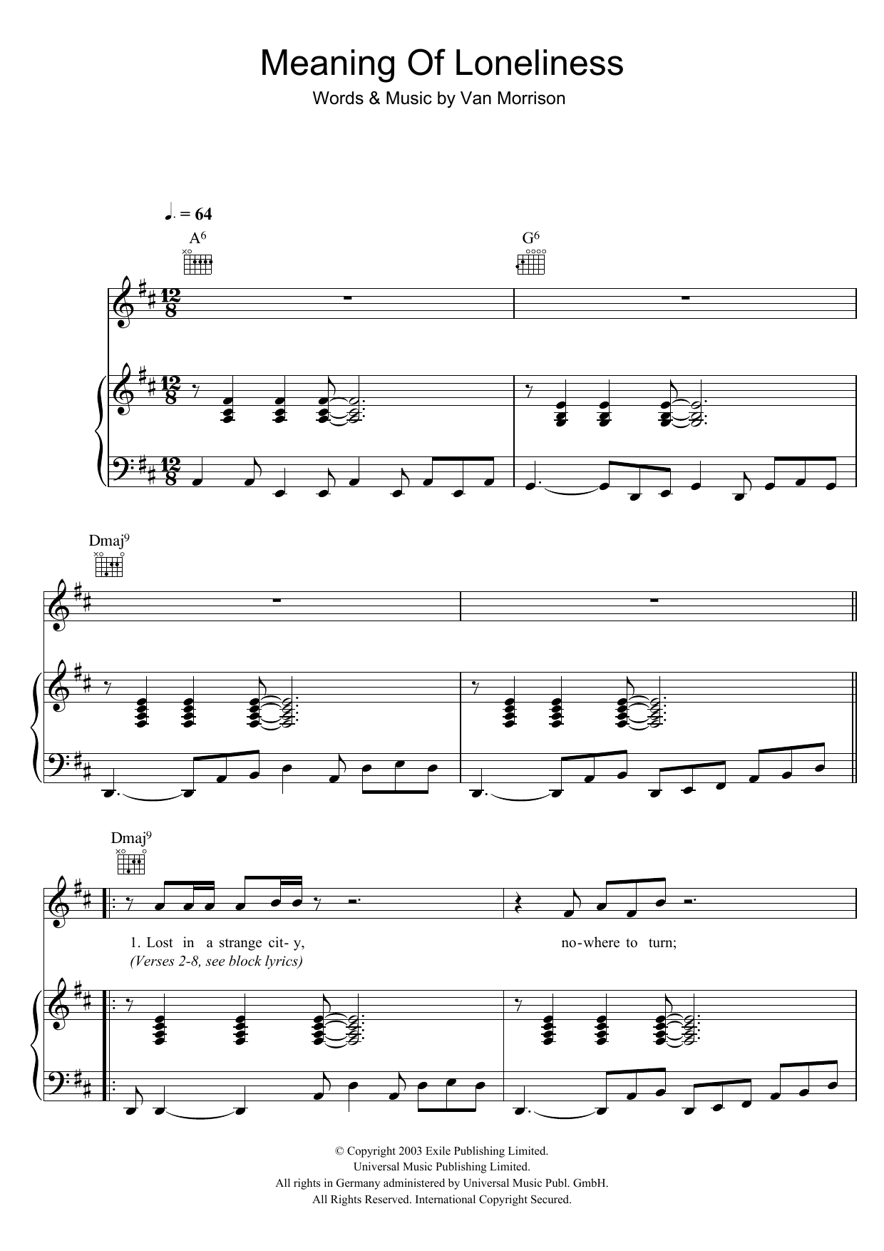 Van Morrison Meaning Of Loneliness sheet music notes and chords arranged for Piano, Vocal & Guitar Chords