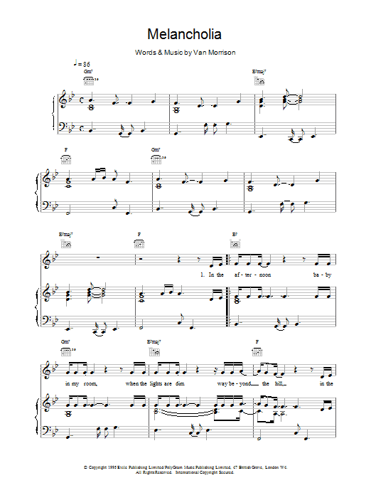 Van Morrison Melancholia sheet music notes and chords arranged for Piano, Vocal & Guitar Chords