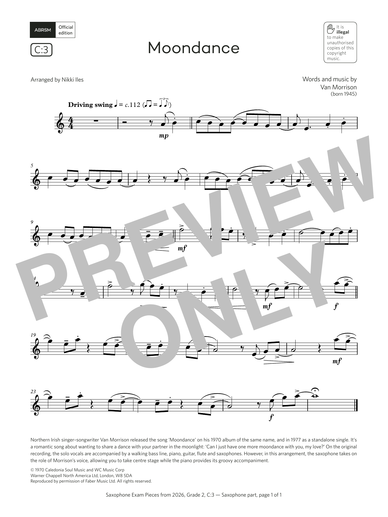 Van Morrison Moondance (Grade 2, list C3, from the ABRSM Saxophone Syllabus from 2026) sheet music notes and chords arranged for Alto Sax Solo