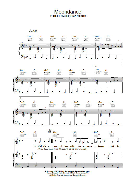 Van Morrison Moondance sheet music notes and chords arranged for Piano, Vocal & Guitar Chords