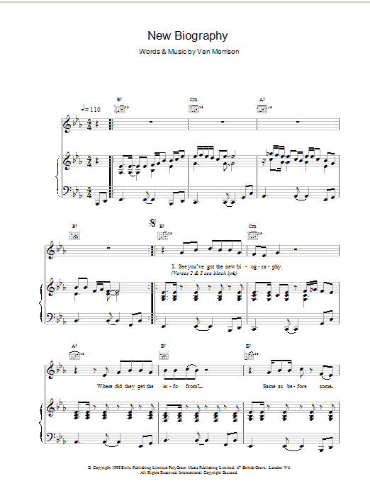 Van Morrison New Biography sheet music notes and chords arranged for Piano, Vocal & Guitar Chords