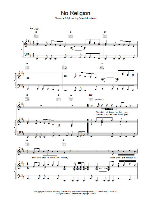 Van Morrison No Religion sheet music notes and chords arranged for Piano, Vocal & Guitar Chords