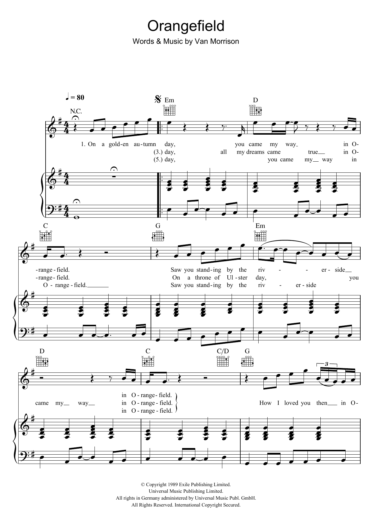 Van Morrison Orangefield sheet music notes and chords arranged for Piano, Vocal & Guitar Chords