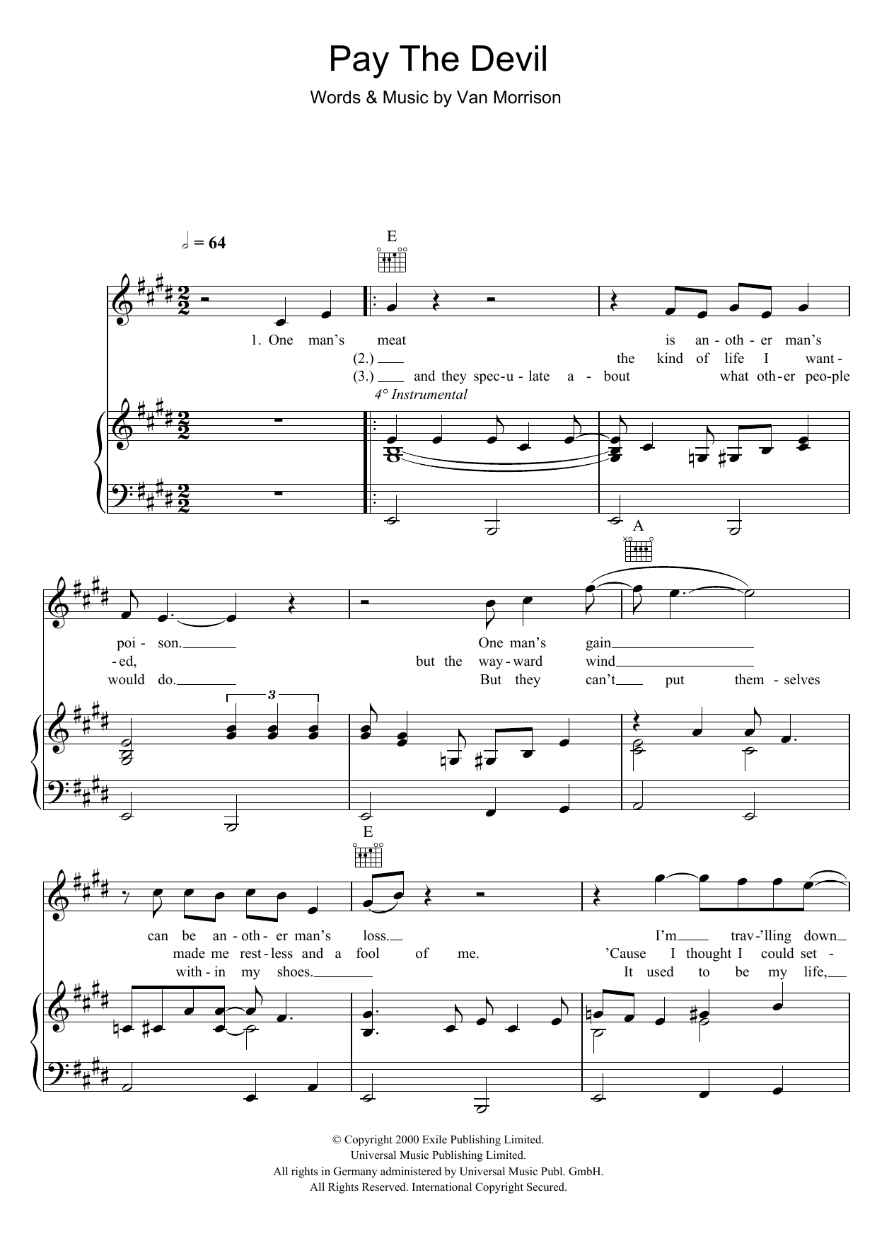 Van Morrison Pay The Devil sheet music notes and chords arranged for Piano, Vocal & Guitar Chords