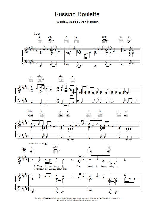 Van Morrison Russian Roulette sheet music notes and chords arranged for Piano, Vocal & Guitar Chords