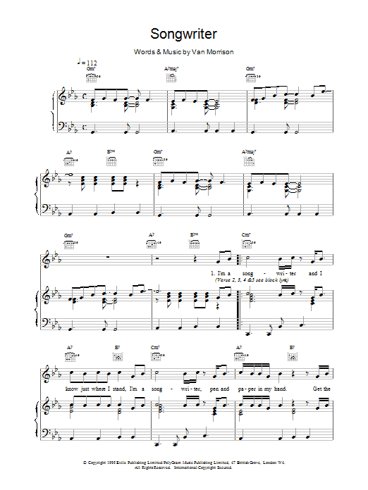 Van Morrison Songwriter sheet music notes and chords arranged for Piano, Vocal & Guitar Chords