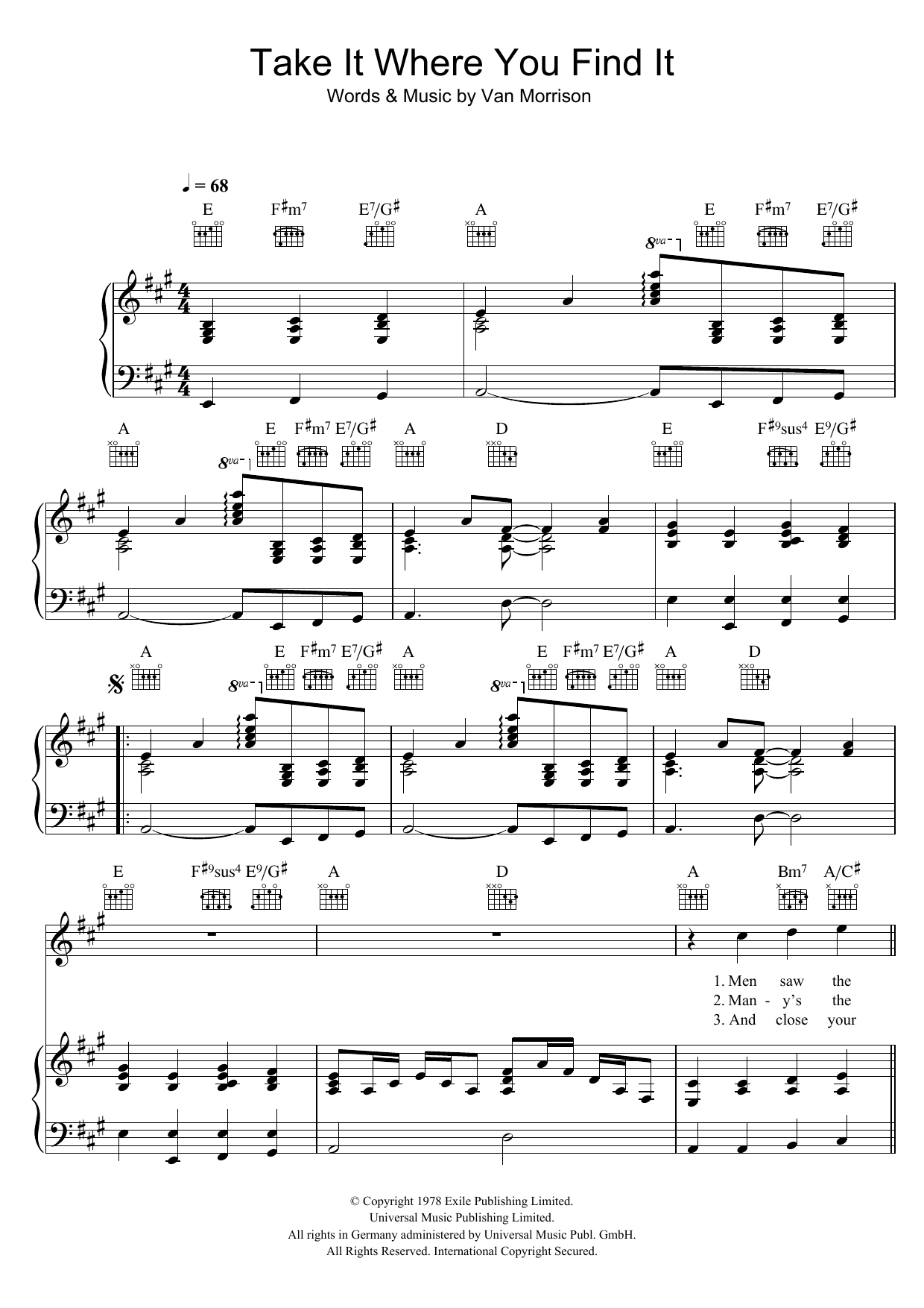Van Morrison Take It Where You Find It sheet music notes and chords arranged for Piano, Vocal & Guitar Chords