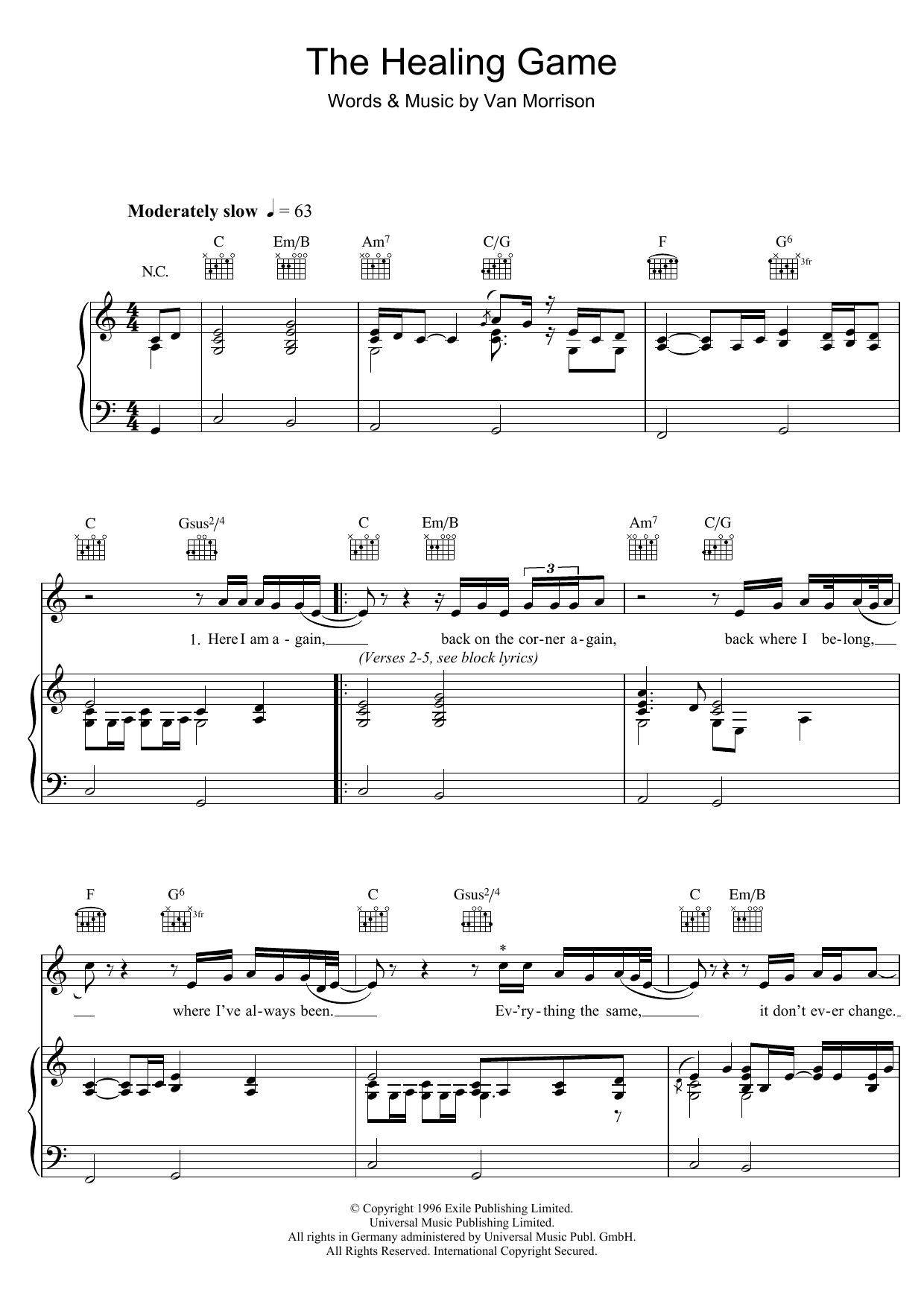 Van Morrison The Healing Game sheet music notes and chords arranged for Piano, Vocal & Guitar Chords