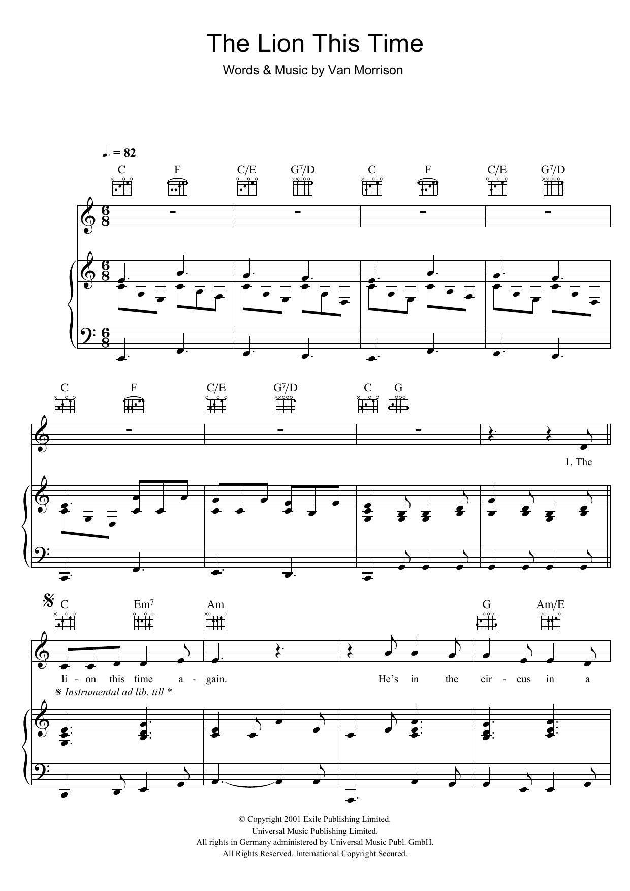Van Morrison The Lion This Time sheet music notes and chords arranged for Piano, Vocal & Guitar Chords