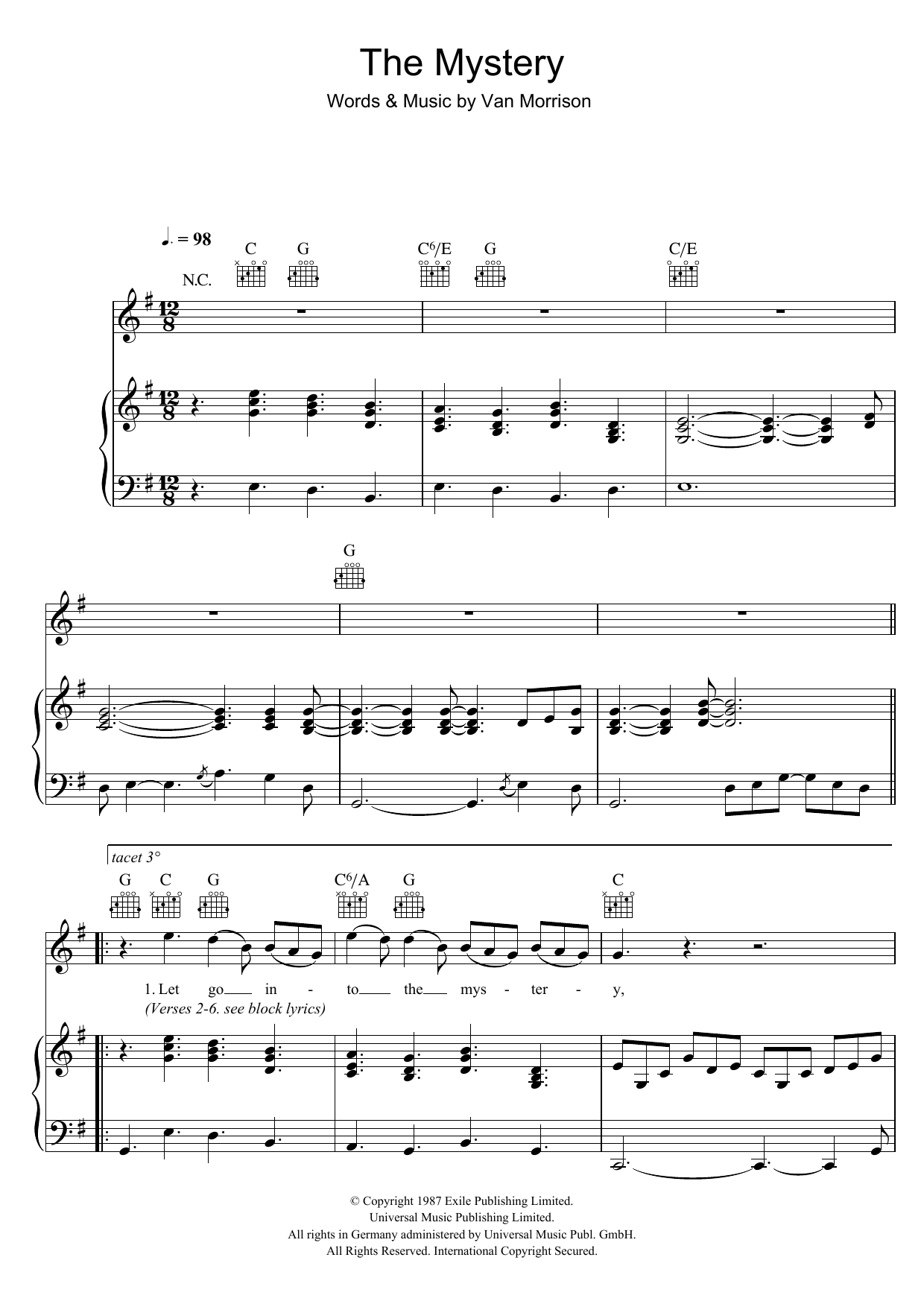 Van Morrison The Mystery sheet music notes and chords arranged for Piano, Vocal & Guitar Chords