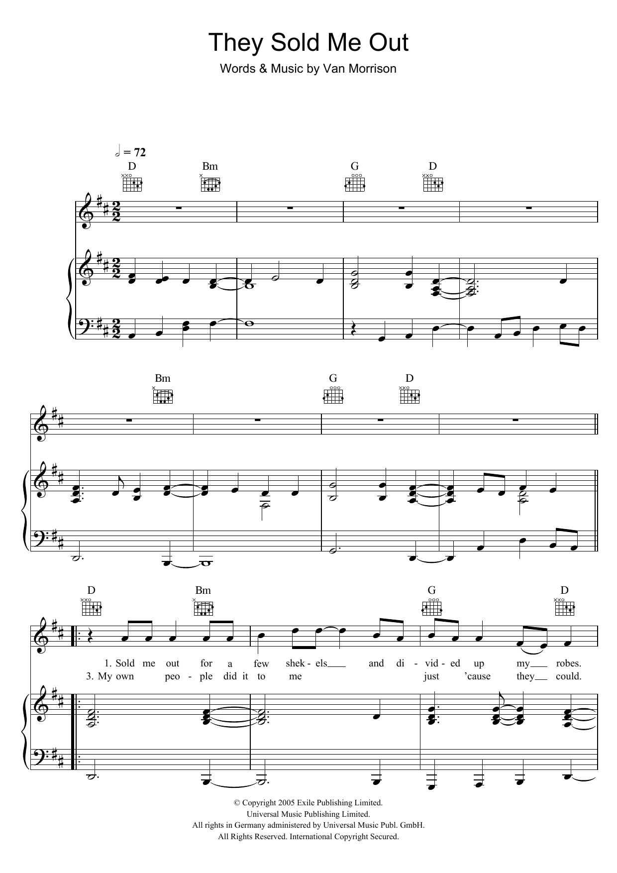 Van Morrison They Sold Me Out sheet music notes and chords arranged for Piano, Vocal & Guitar Chords