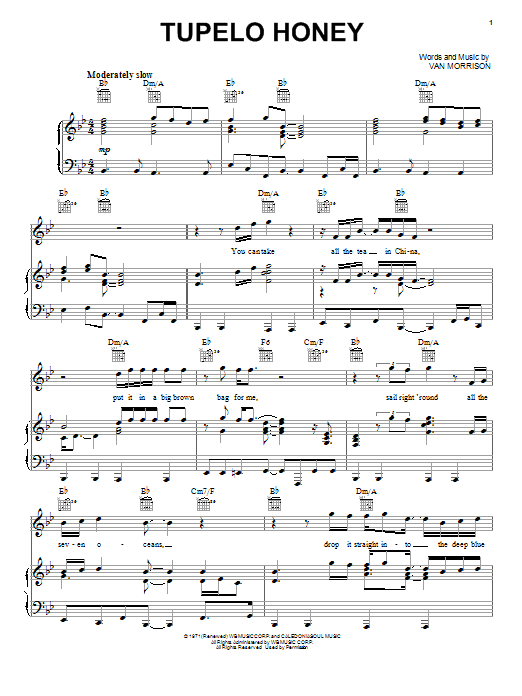Van Morrison Tupelo Honey sheet music notes and chords arranged for Piano, Vocal & Guitar Chords
