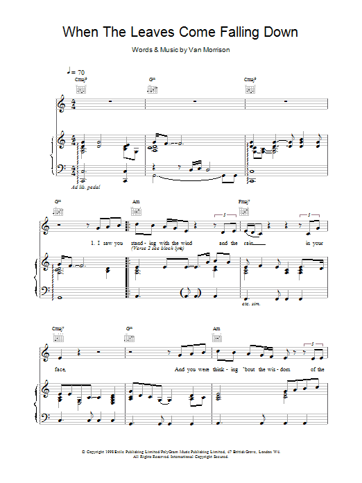 Van Morrison When The Leaves Come Falling Down sheet music notes and chords arranged for Piano, Vocal & Guitar Chords