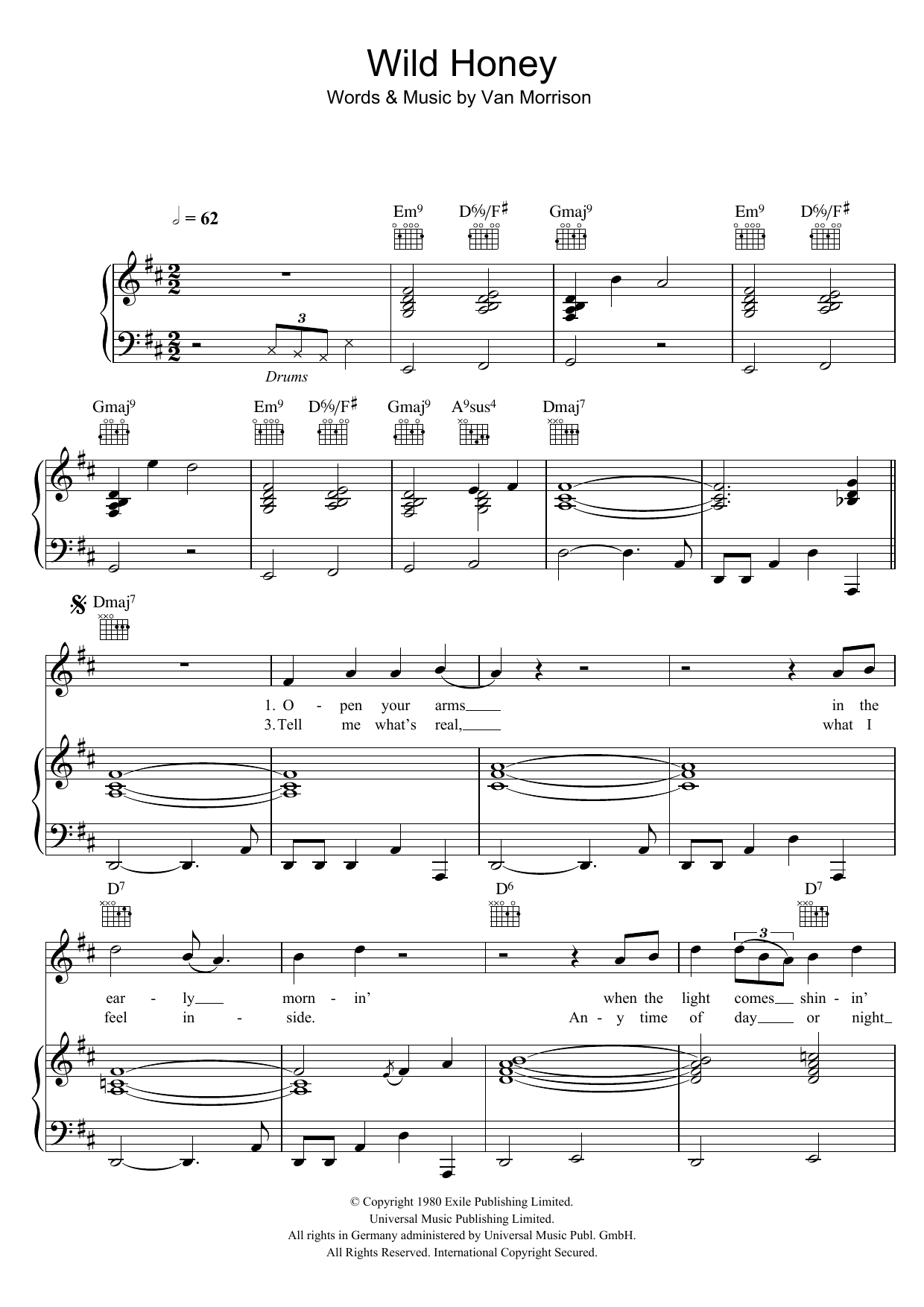 Van Morrison Wild Honey sheet music notes and chords arranged for Piano, Vocal & Guitar Chords