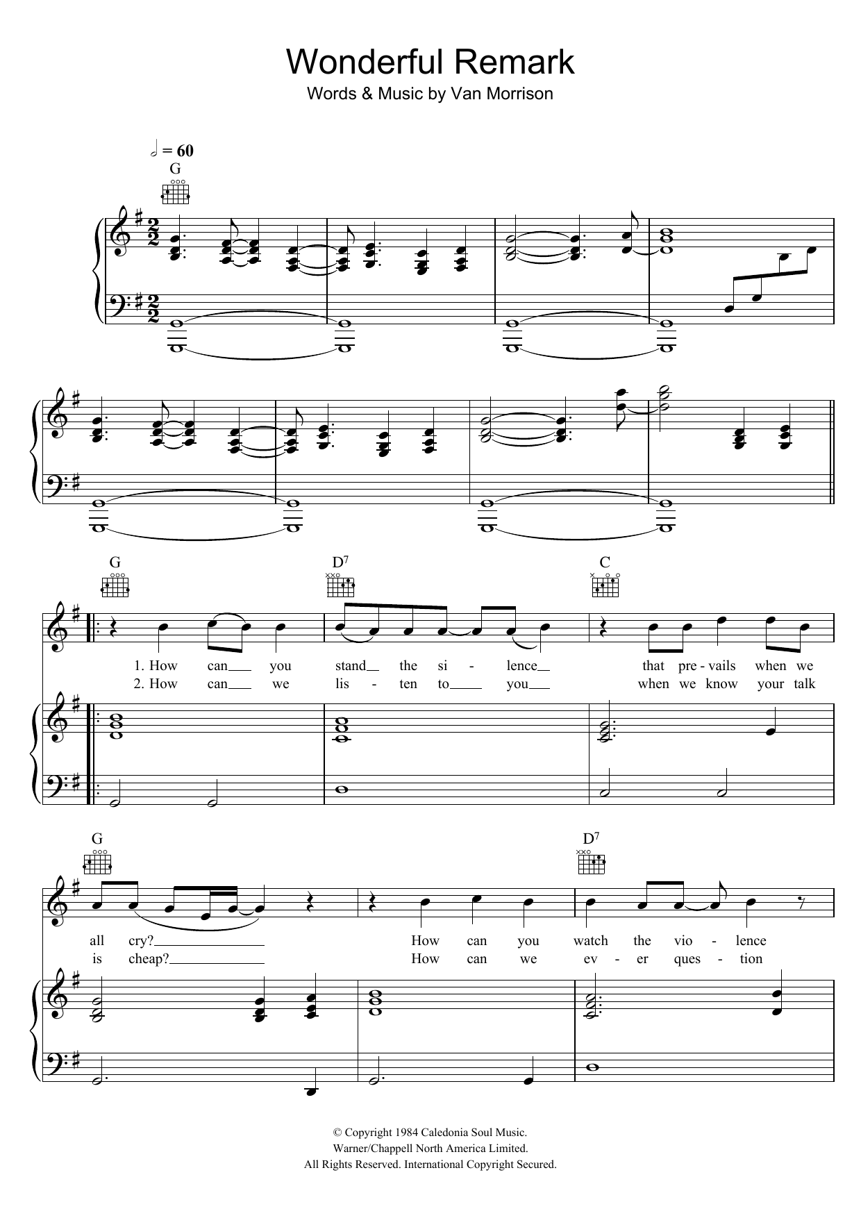 Van Morrison Wonderful Remark sheet music notes and chords arranged for Piano, Vocal & Guitar Chords