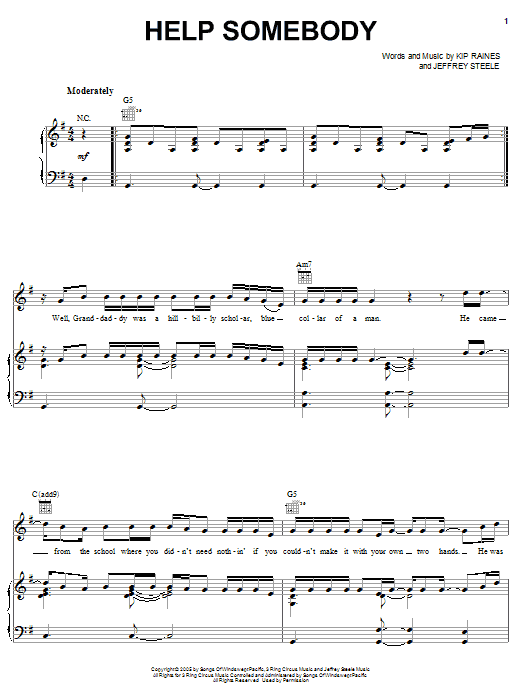 Van Zant Help Somebody sheet music notes and chords arranged for Piano, Vocal & Guitar Chords (Right-Hand Melody)