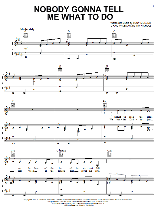 Van Zant Nobody Gonna Tell Me What To Do sheet music notes and chords arranged for Piano, Vocal & Guitar Chords (Right-Hand Melody)