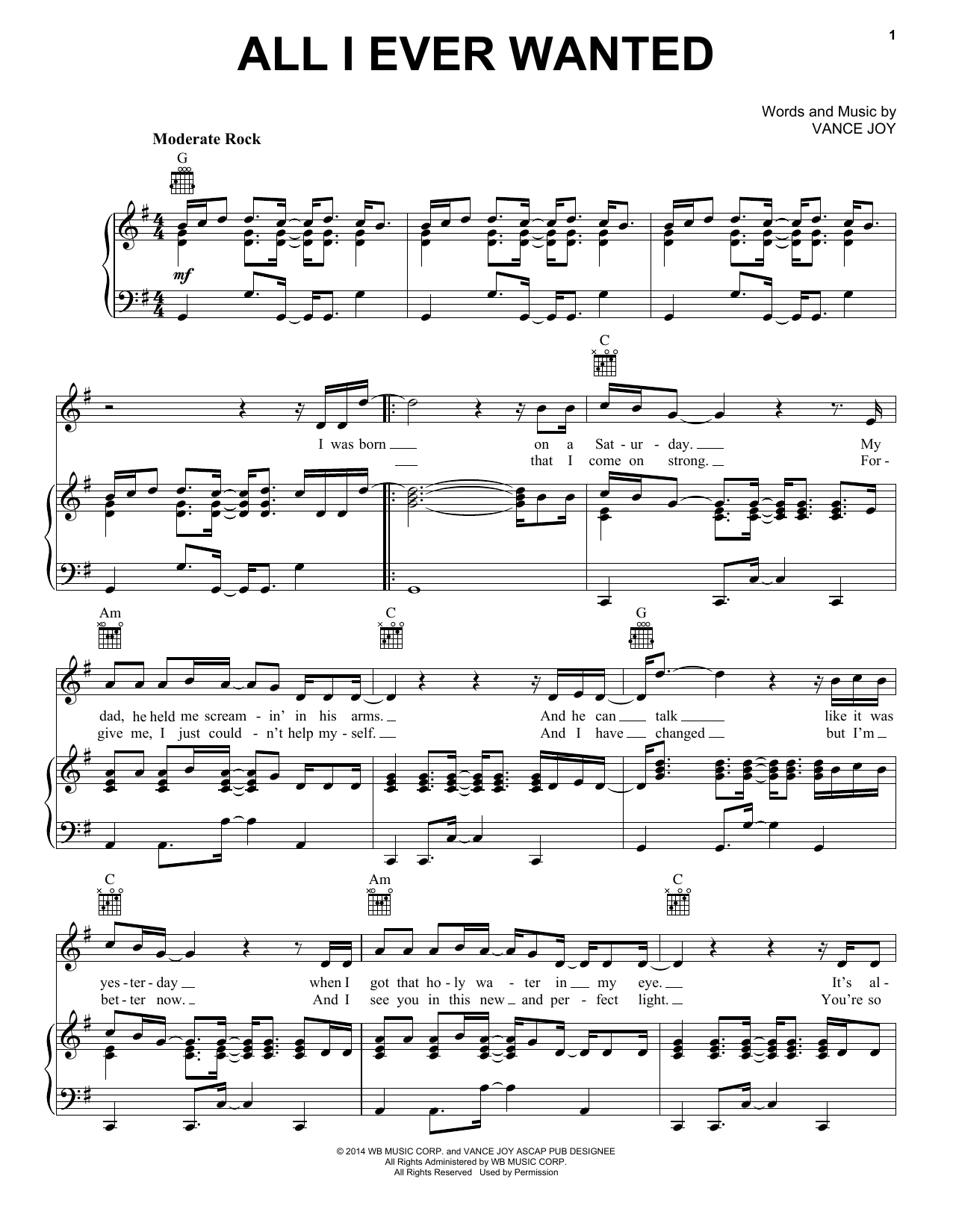 Vance Joy All I Ever Wanted sheet music notes and chords arranged for Piano, Vocal & Guitar Chords (Right-Hand Melody)