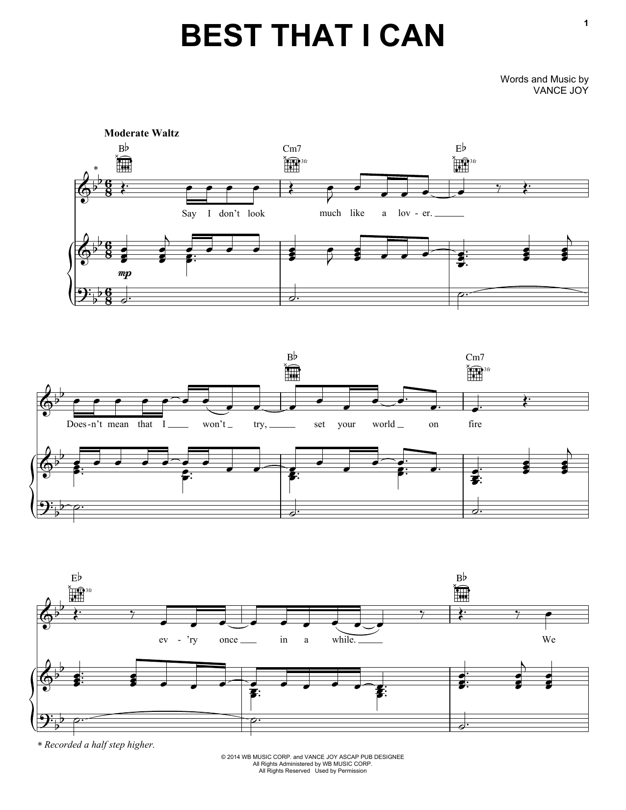 Vance Joy Best That I Can sheet music notes and chords arranged for Piano, Vocal & Guitar Chords (Right-Hand Melody)