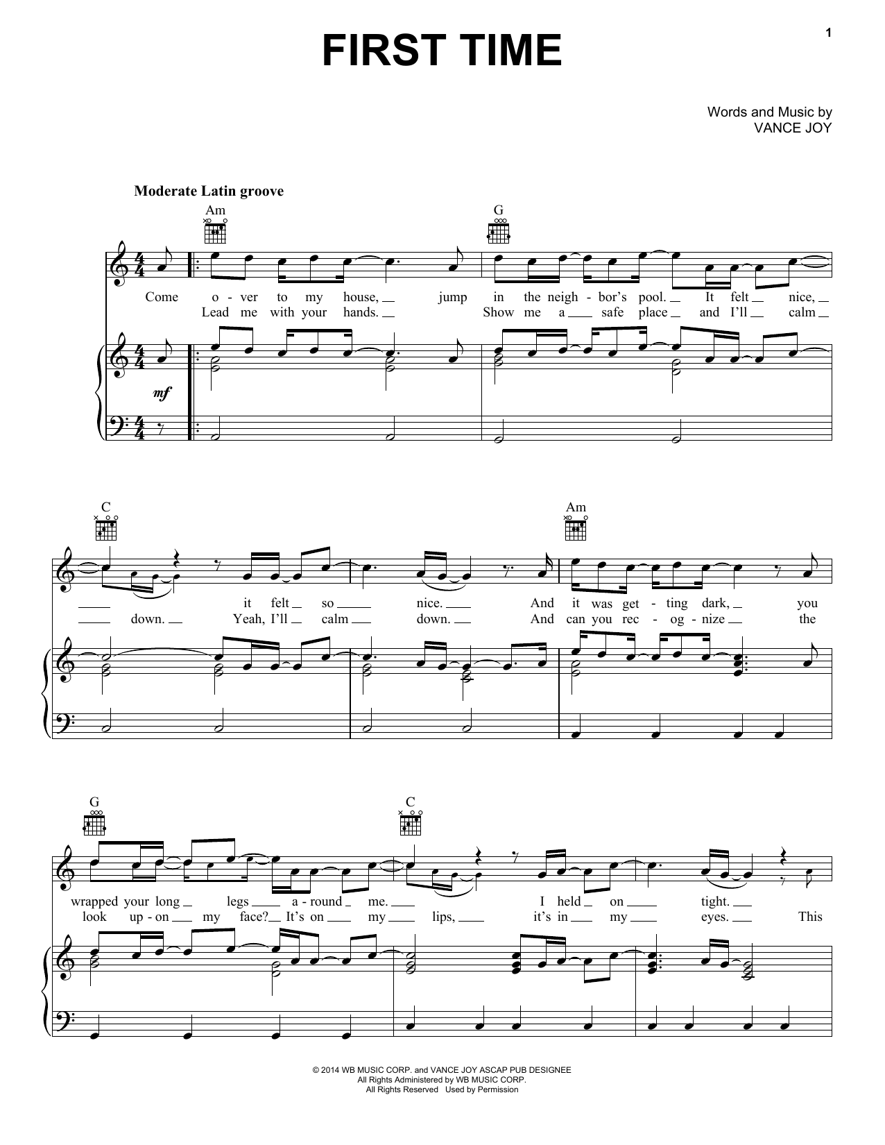 Vance Joy First Time sheet music notes and chords arranged for Piano, Vocal & Guitar Chords (Right-Hand Melody)