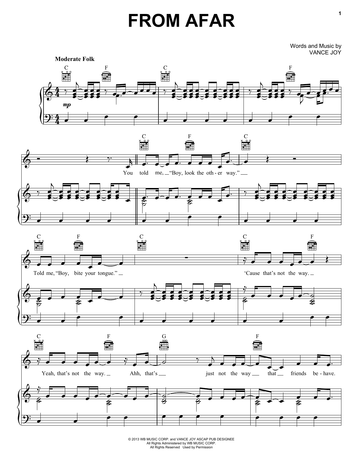 Vance Joy From Afar sheet music notes and chords arranged for Piano, Vocal & Guitar Chords (Right-Hand Melody)