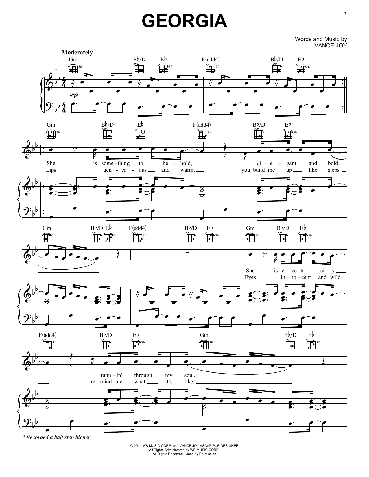 Vance Joy Georgia sheet music notes and chords arranged for Piano, Vocal & Guitar Chords (Right-Hand Melody)