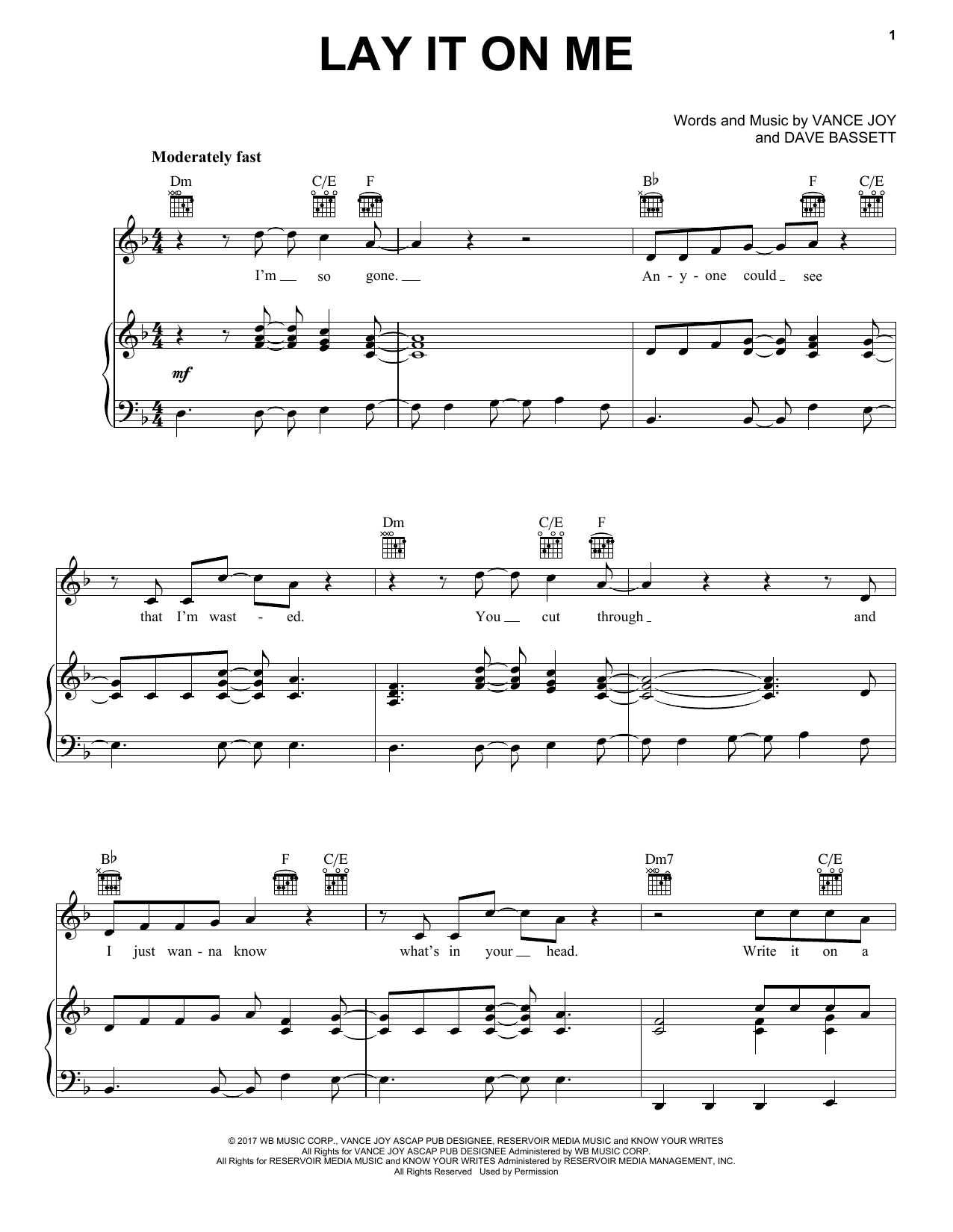 Vance Joy Lay It On Me sheet music notes and chords arranged for Piano, Vocal & Guitar Chords (Right-Hand Melody)