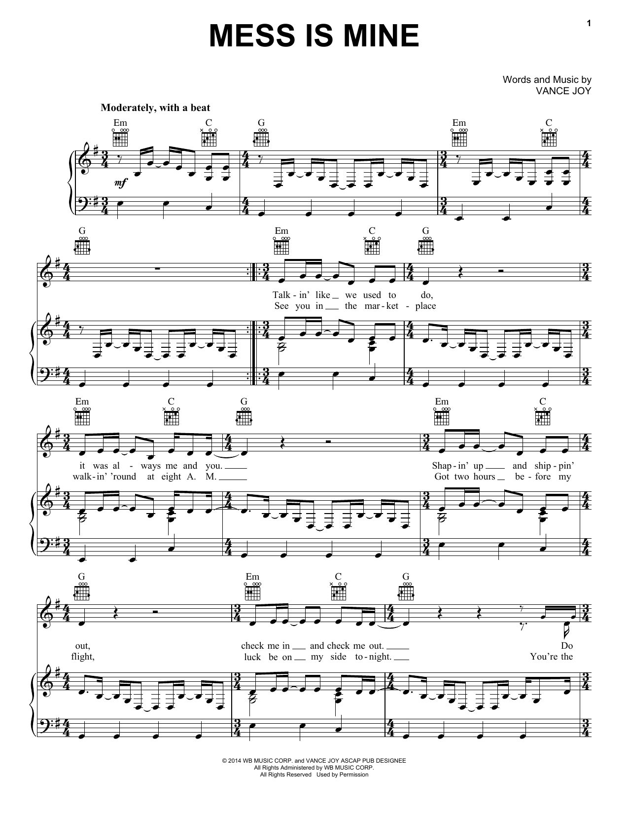 Vance Joy Mess Is Mine sheet music notes and chords arranged for Piano, Vocal & Guitar Chords (Right-Hand Melody)