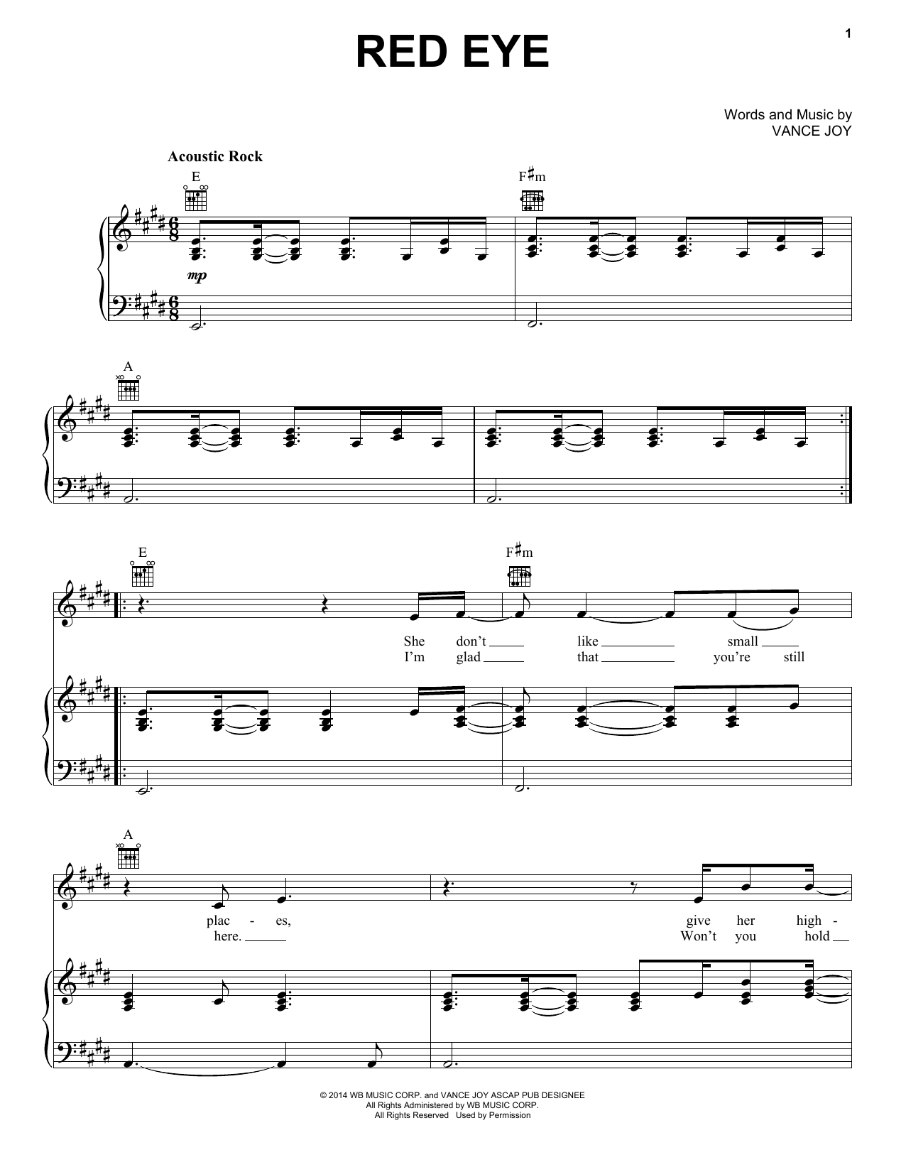 Vance Joy Red Eye sheet music notes and chords arranged for Piano, Vocal & Guitar Chords (Right-Hand Melody)