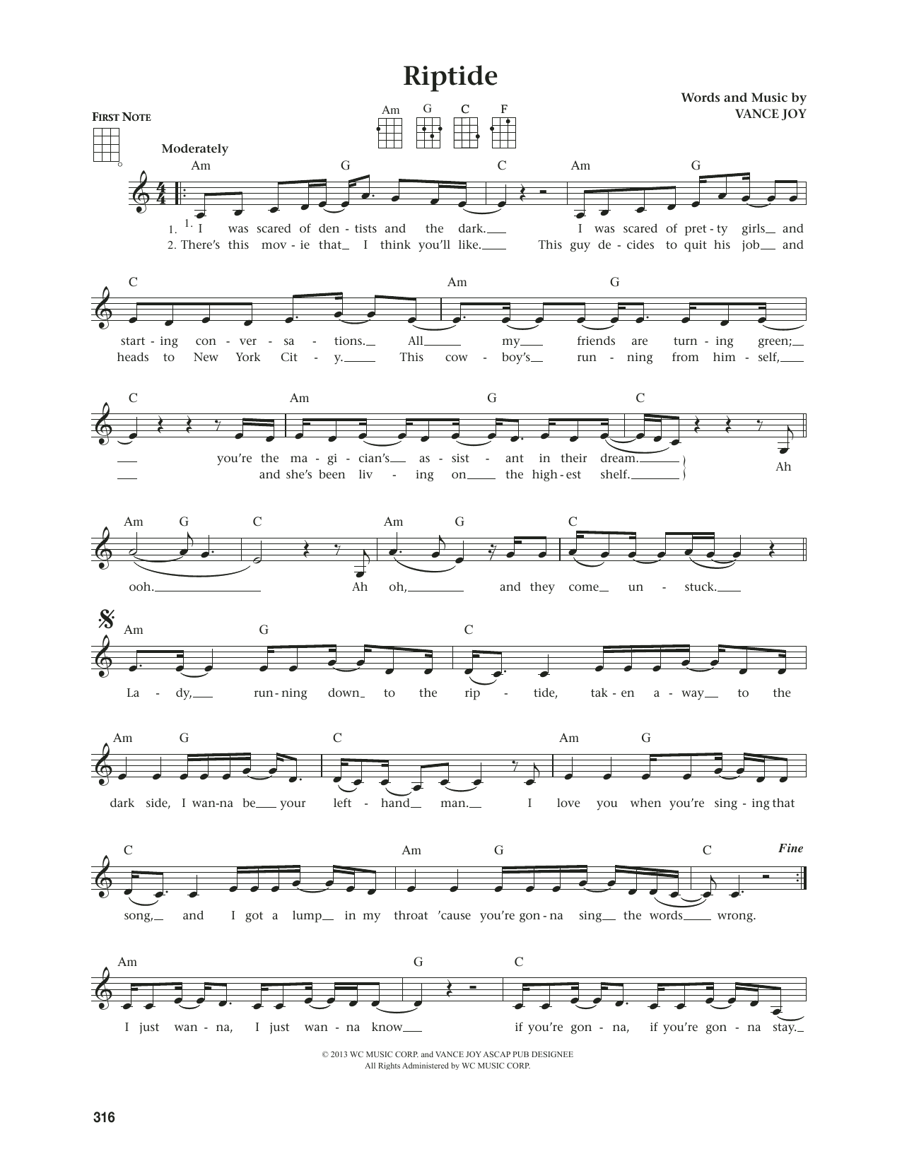 Vance Joy Riptide (from The Daily Ukulele) (arr. Jim Beloff) sheet music notes and chords arranged for Ukulele
