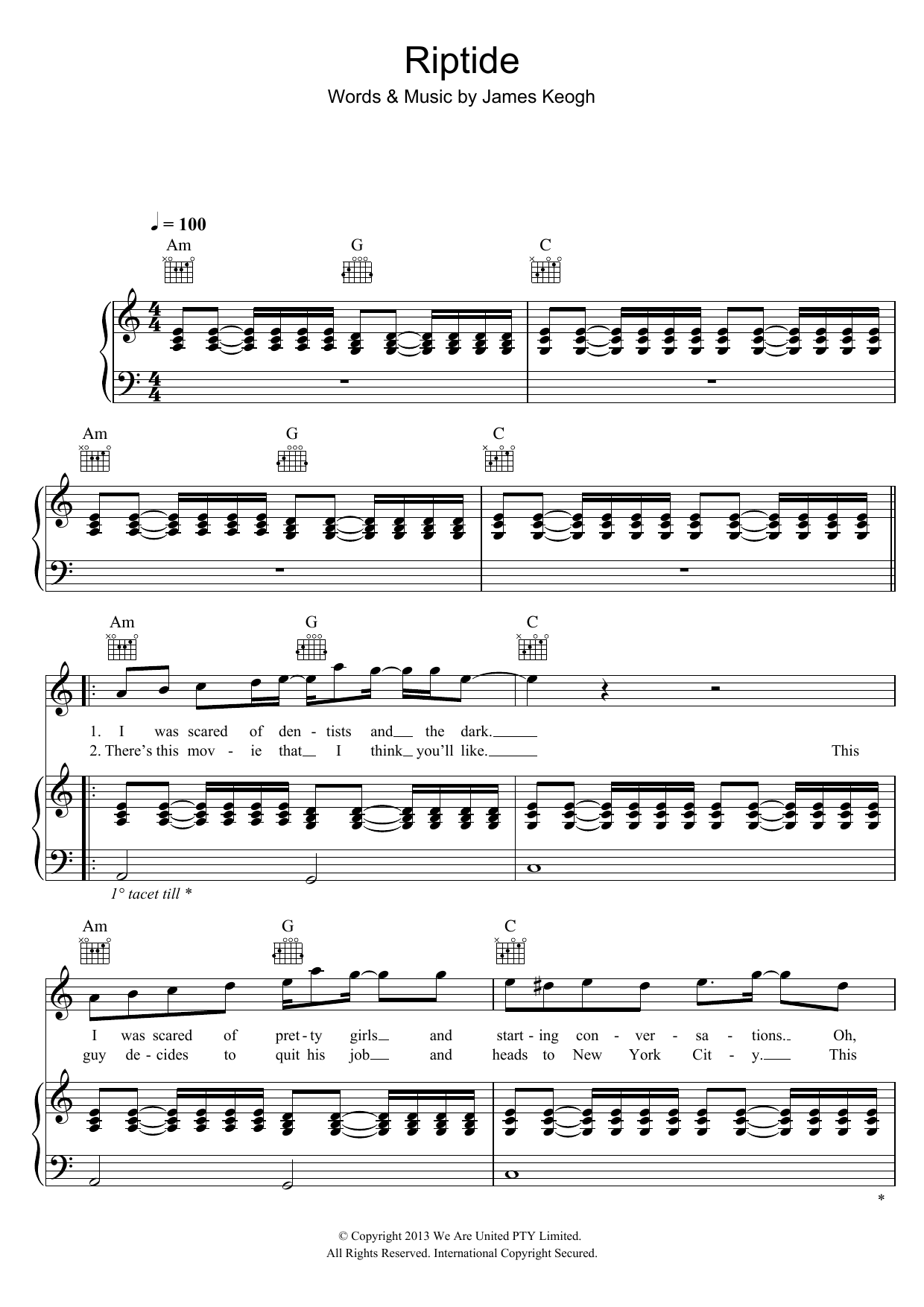 Vance Joy Riptide sheet music notes and chords arranged for Guitar Tab