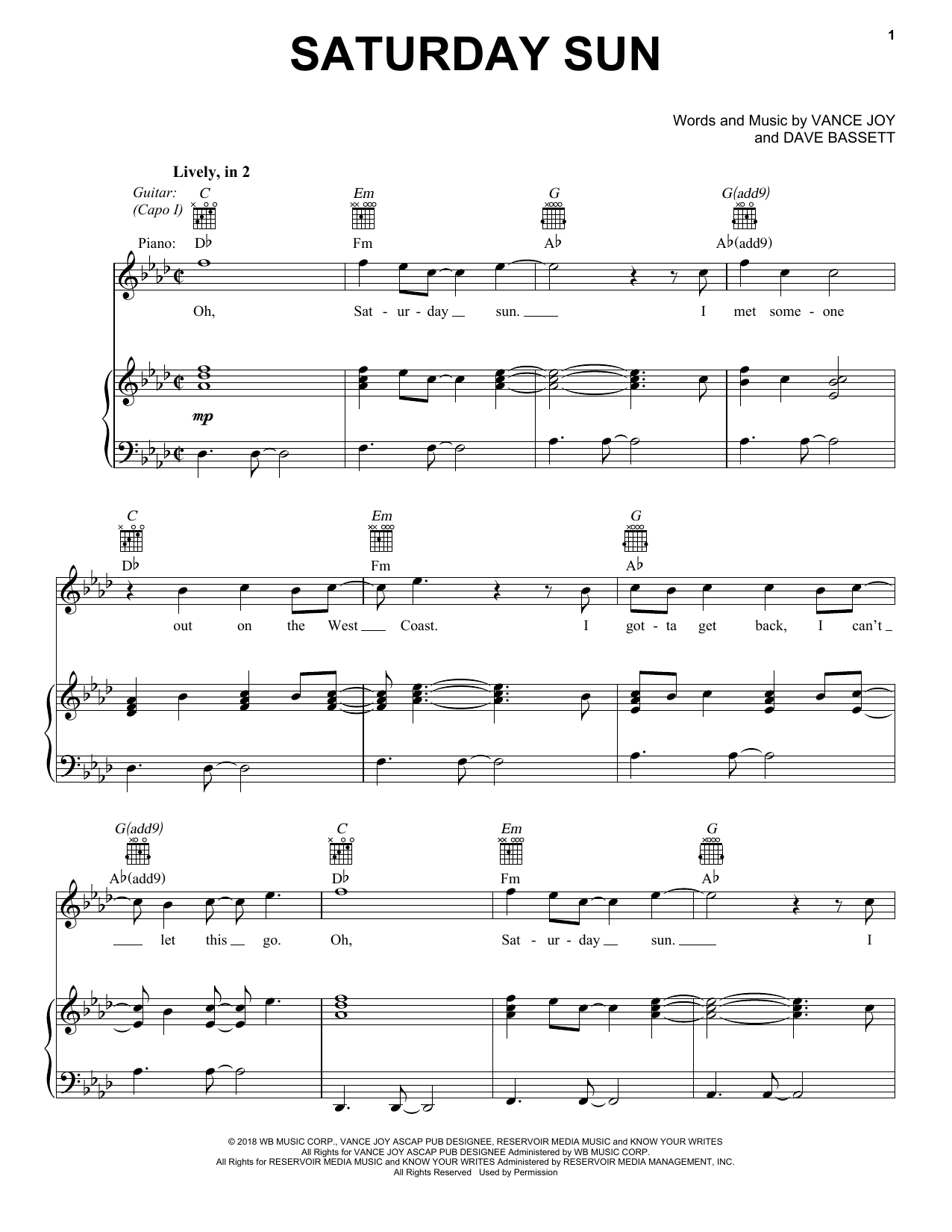 Vance Joy Saturday Sun sheet music notes and chords arranged for Piano, Vocal & Guitar Chords (Right-Hand Melody)
