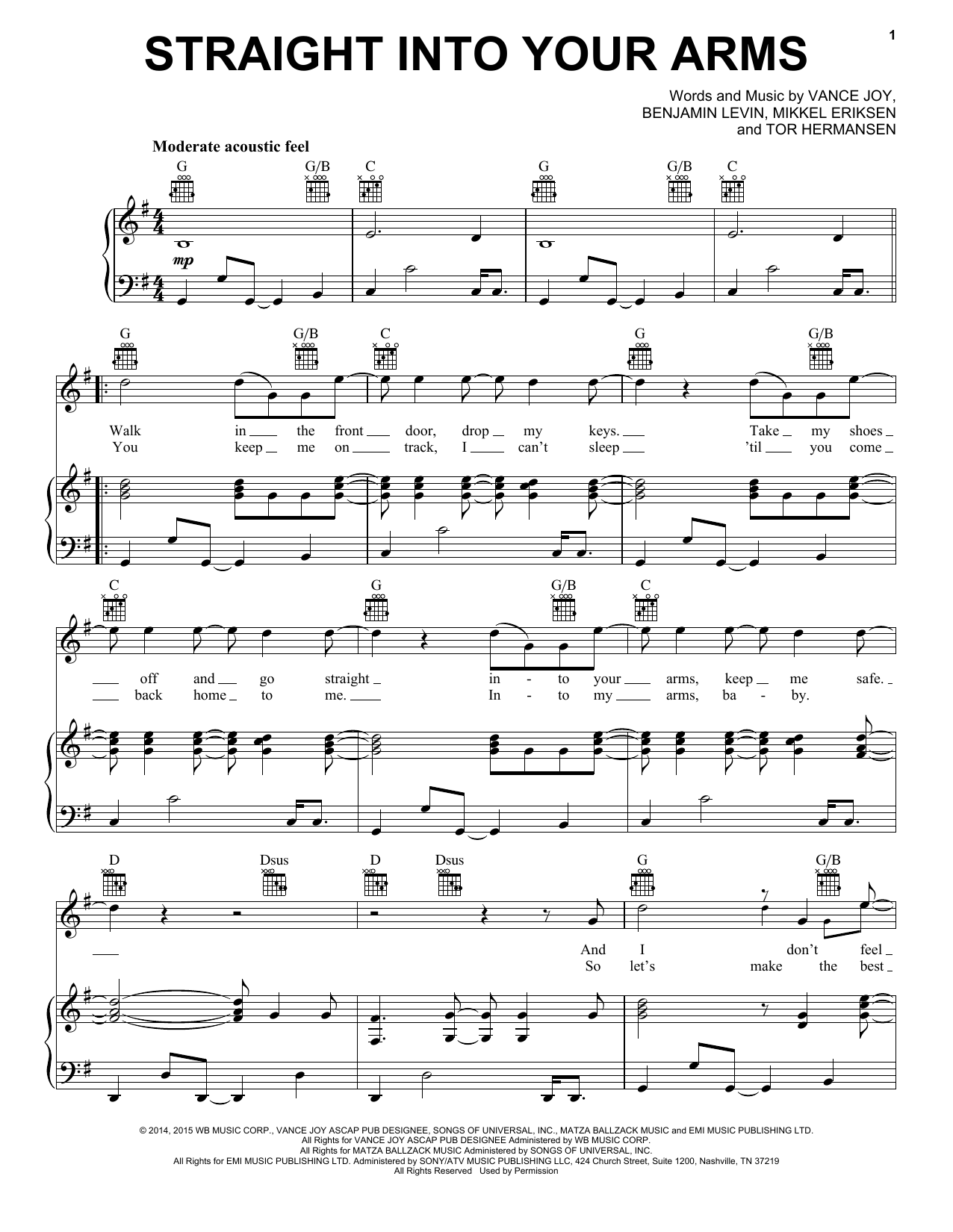 Vance Joy Straight Into Your Arms sheet music notes and chords arranged for Piano, Vocal & Guitar Chords (Right-Hand Melody)