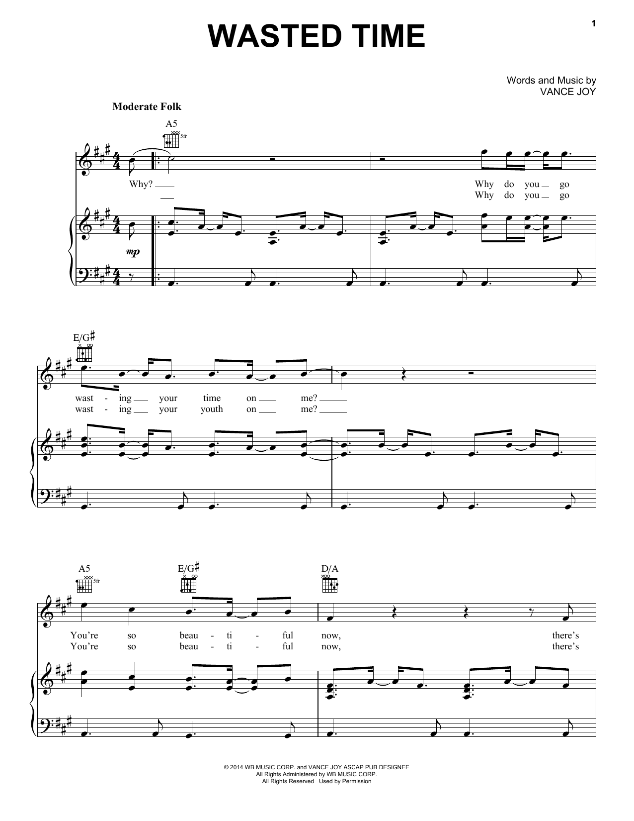 Vance Joy Wasted Time sheet music notes and chords arranged for Piano, Vocal & Guitar Chords (Right-Hand Melody)