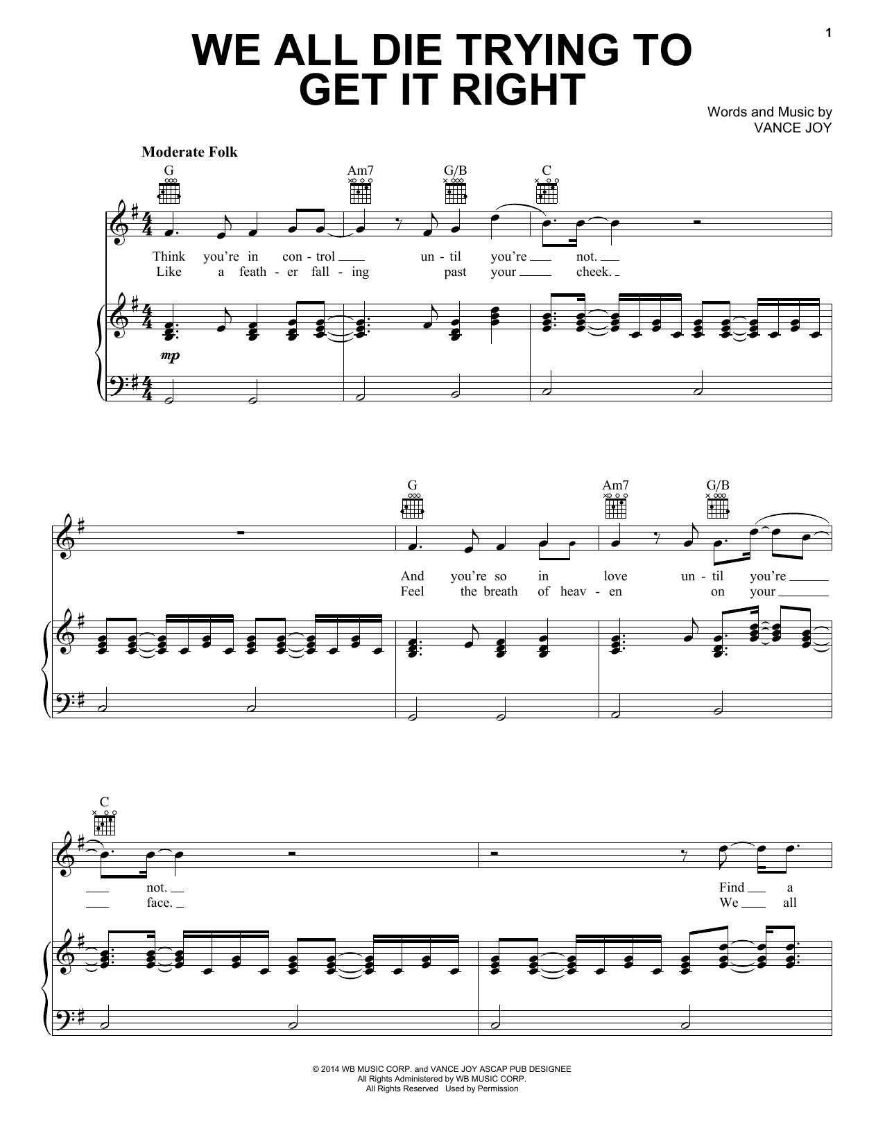 Vance Joy We All Die Trying To Get It Right sheet music notes and chords arranged for Piano, Vocal & Guitar Chords (Right-Hand Melody)
