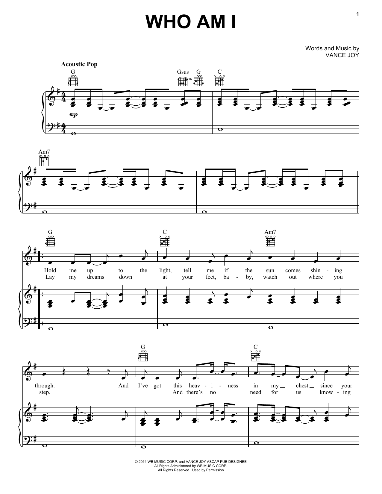 Vance Joy Who Am I sheet music notes and chords arranged for Piano, Vocal & Guitar Chords (Right-Hand Melody)