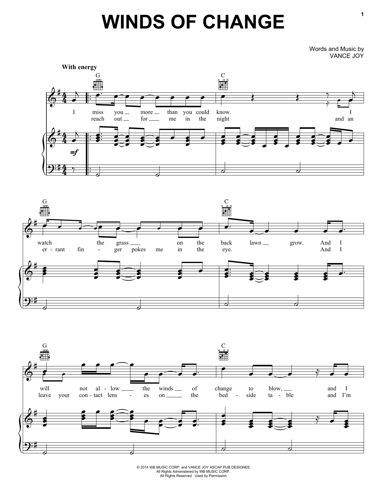 Vance Joy Winds Of Change sheet music notes and chords arranged for Piano, Vocal & Guitar Chords (Right-Hand Melody)