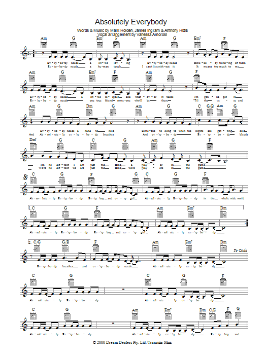 Vanessa Amorosi Absolutely Everybody sheet music notes and chords arranged for Piano, Vocal & Guitar Chords