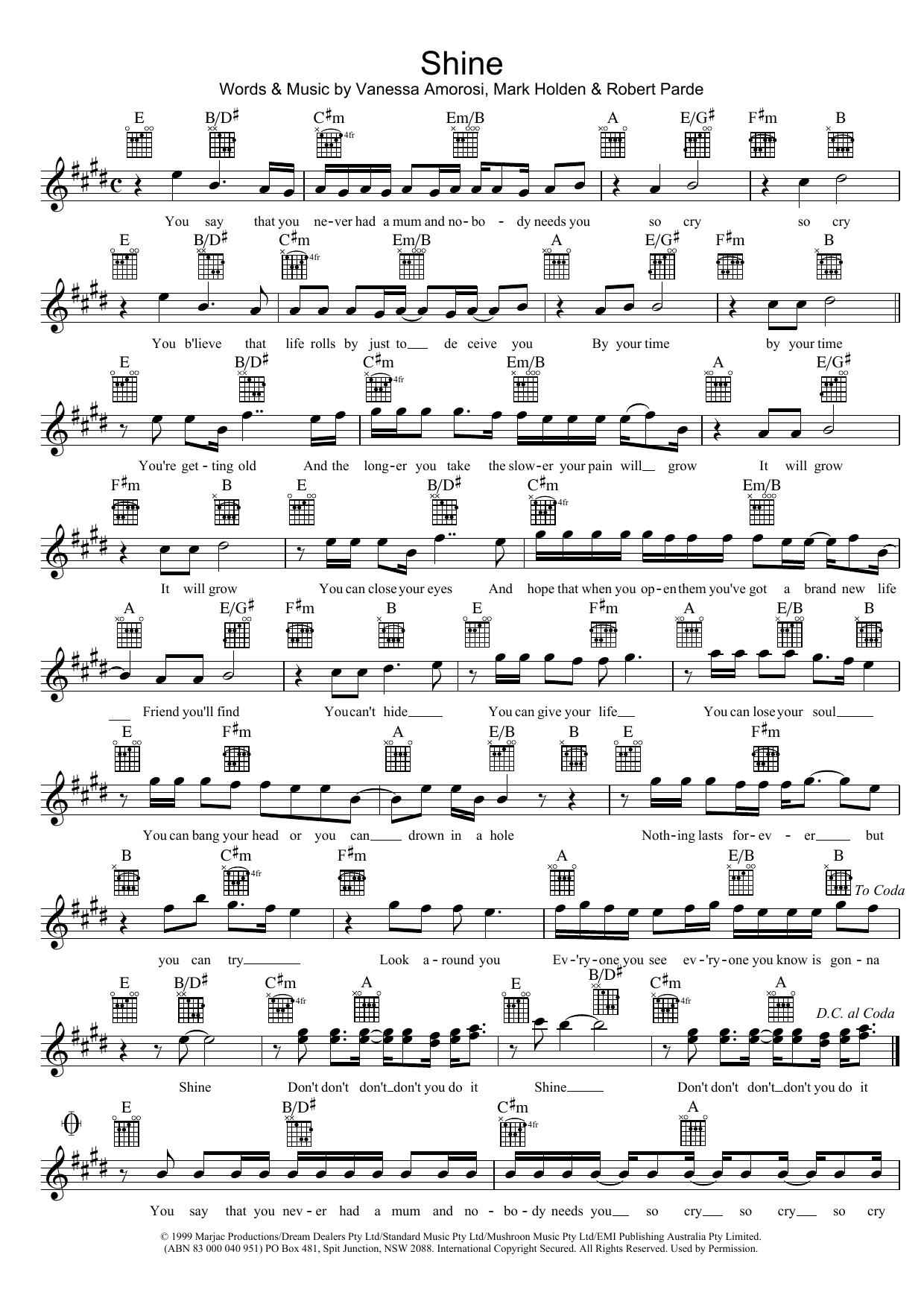 Vanessa Amorosi Shine sheet music notes and chords arranged for Lead Sheet / Fake Book
