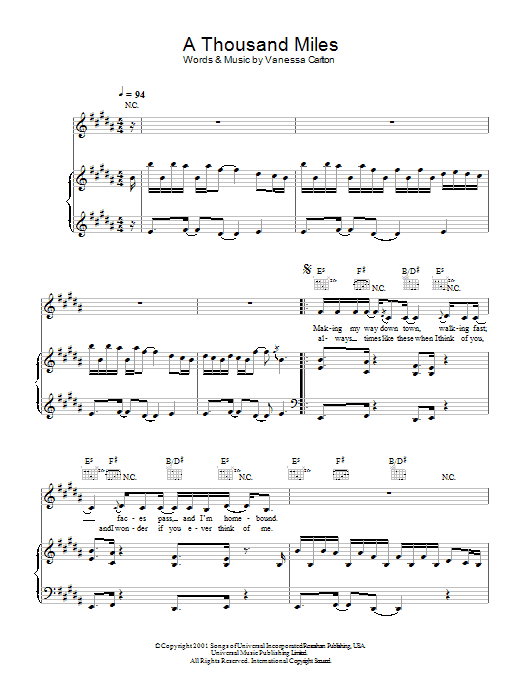 Vanessa Carlton A Thousand Miles sheet music notes and chords arranged for Piano, Vocal & Guitar Chords (Right-Hand Melody)
