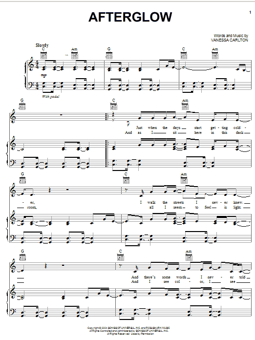 Vanessa Carlton Afterglow sheet music notes and chords arranged for Piano, Vocal & Guitar Chords (Right-Hand Melody)
