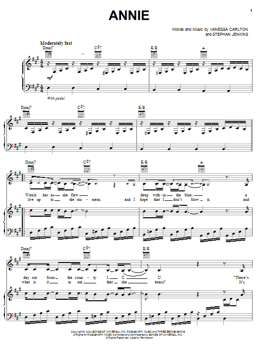 Vanessa Carlton Annie sheet music notes and chords arranged for Piano, Vocal & Guitar Chords (Right-Hand Melody)