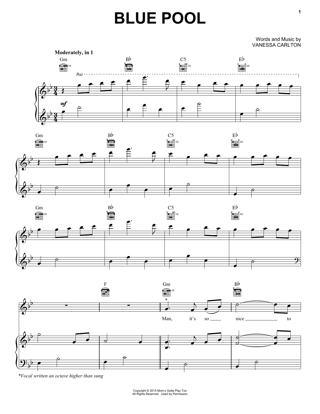 Vanessa Carlton Blue Pool sheet music notes and chords arranged for Piano, Vocal & Guitar Chords (Right-Hand Melody)