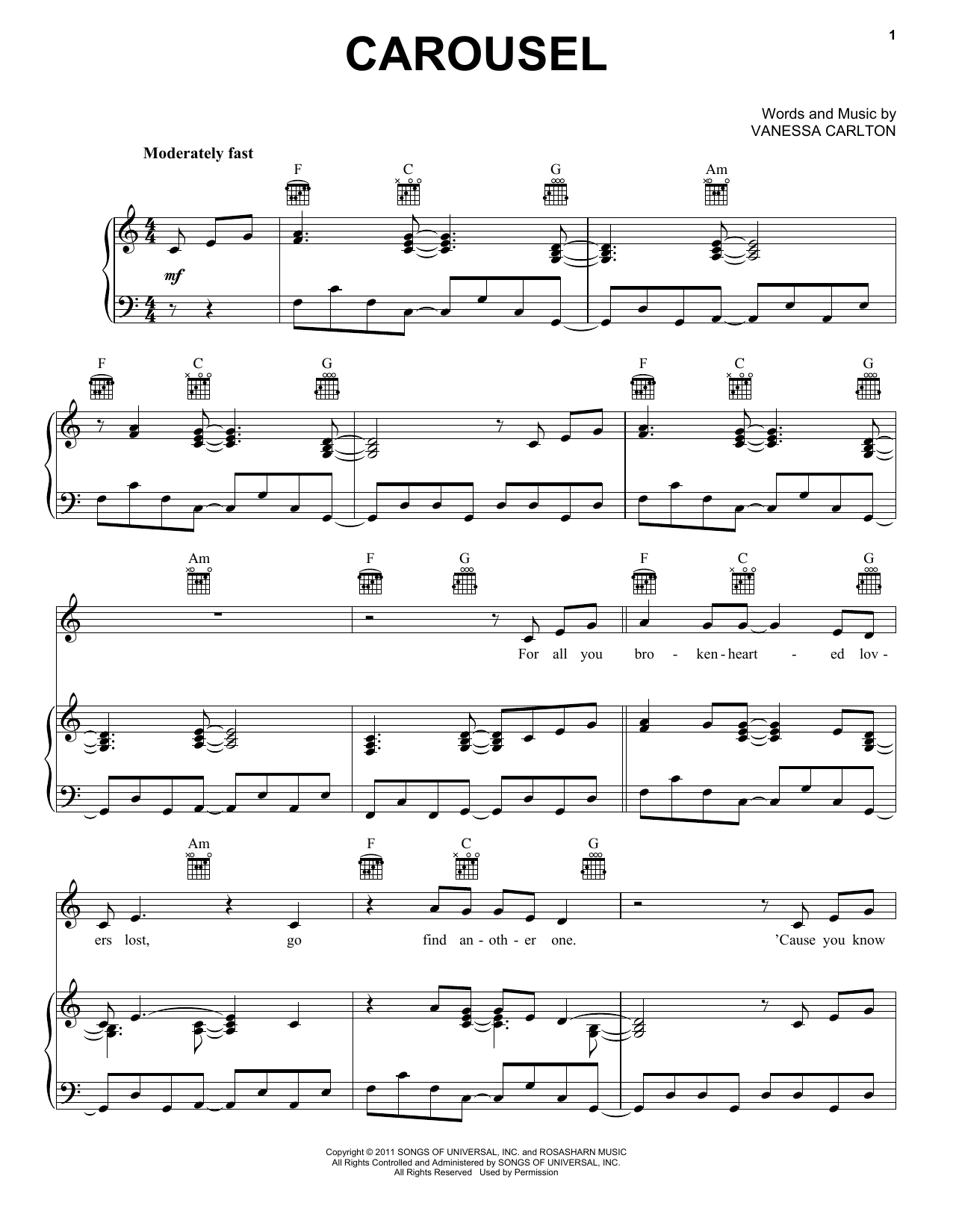 Vanessa Carlton Carousel sheet music notes and chords arranged for Piano, Vocal & Guitar Chords (Right-Hand Melody)