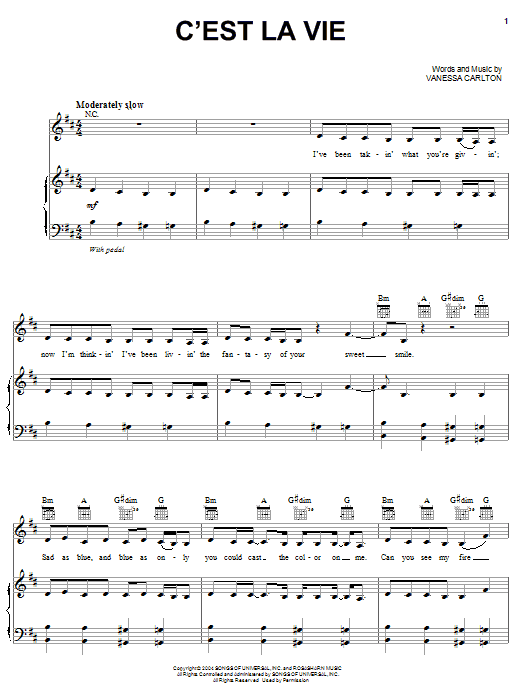 Vanessa Carlton C'est La Vie sheet music notes and chords arranged for Piano, Vocal & Guitar Chords (Right-Hand Melody)