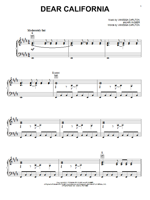 Vanessa Carlton Dear California sheet music notes and chords arranged for Piano, Vocal & Guitar Chords (Right-Hand Melody)