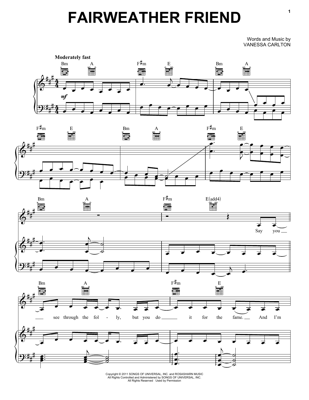 Vanessa Carlton Fairweather Friend sheet music notes and chords arranged for Piano, Vocal & Guitar Chords (Right-Hand Melody)