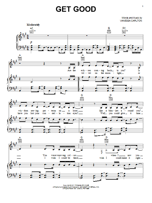 Vanessa Carlton Get Good sheet music notes and chords arranged for Piano, Vocal & Guitar Chords (Right-Hand Melody)